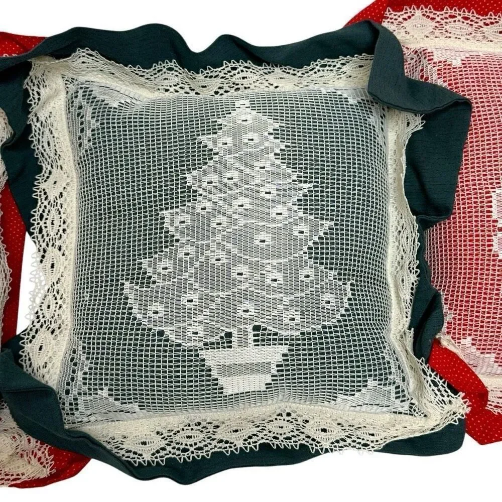 Vintage Christmas throw pillows with lace covered prints